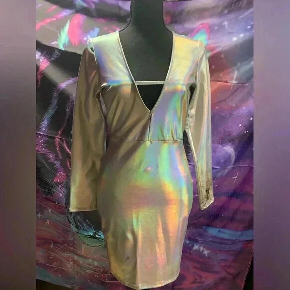 🤑5 for $25 
Eye-Catching Holographic Dress with Deep V-Neck - Picture 1 of 9